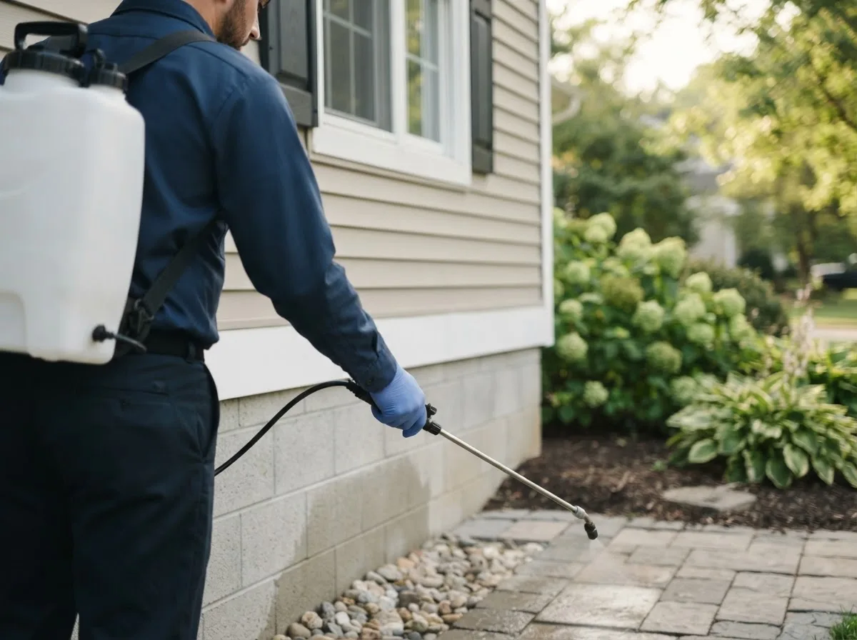 Pest control technician inspecting a home in Tipton, CA